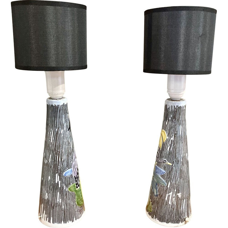 Paire de lampes vintage en céramique et tissu, 1960