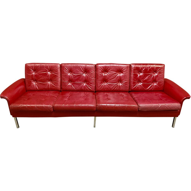 Vintage red leather sofa with 4 seats, 1950