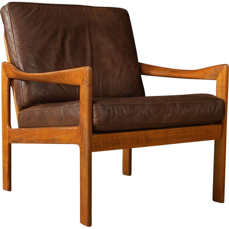 Vintage armchair in taek and leather by Illum Wikkelsø, 1960s