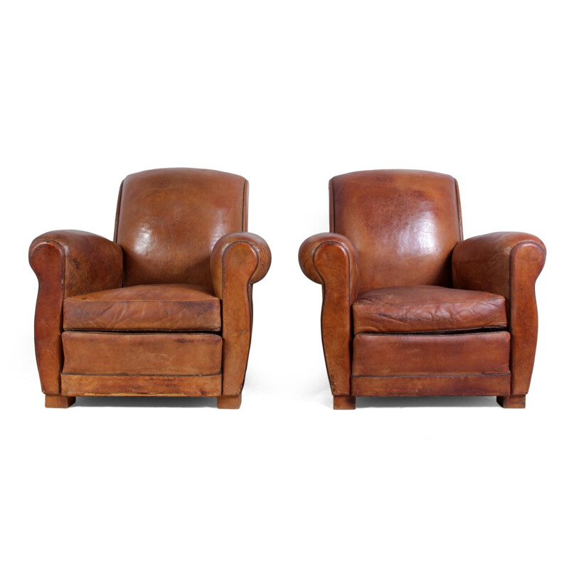 Pair of French armchairs in brown leather - 1940s