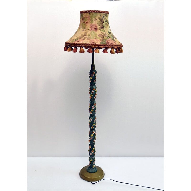 Vintage ceramic floor lamp with small roses, Italy 1950