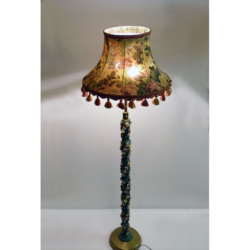 Vintage ceramic floor lamp with small roses, Italy 1950