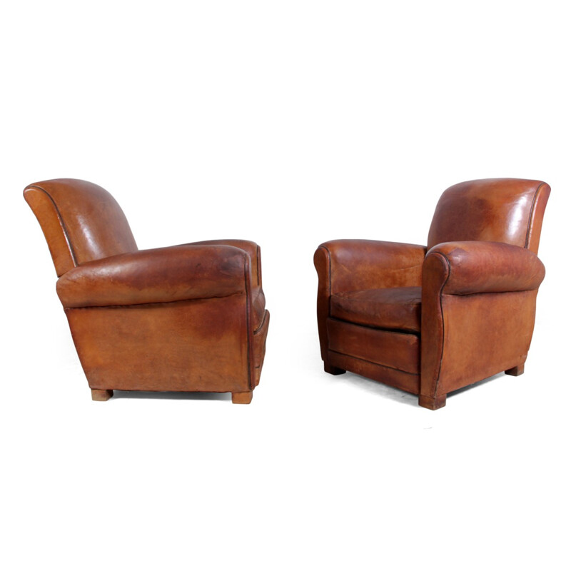 Pair of French armchairs in brown leather - 1940s