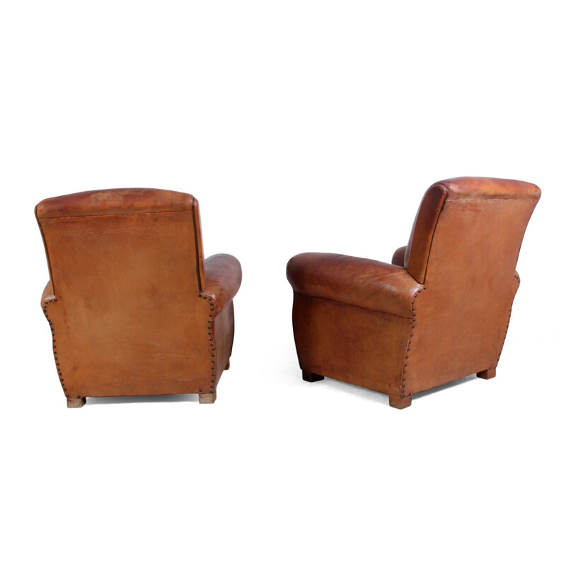Paire de fauteuils français en cuir brun - 1940
