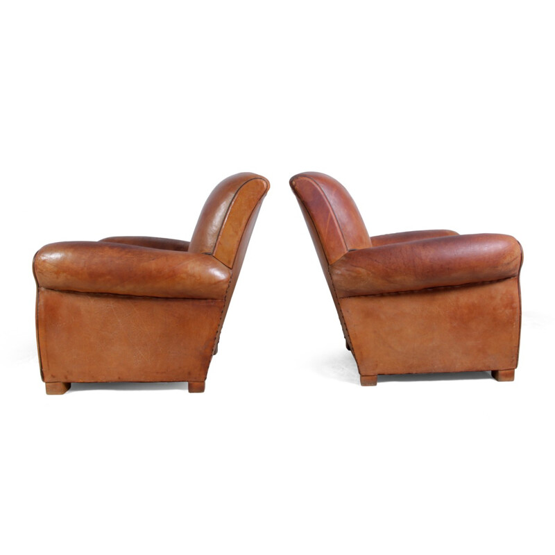 Pair of French armchairs in brown leather - 1940s