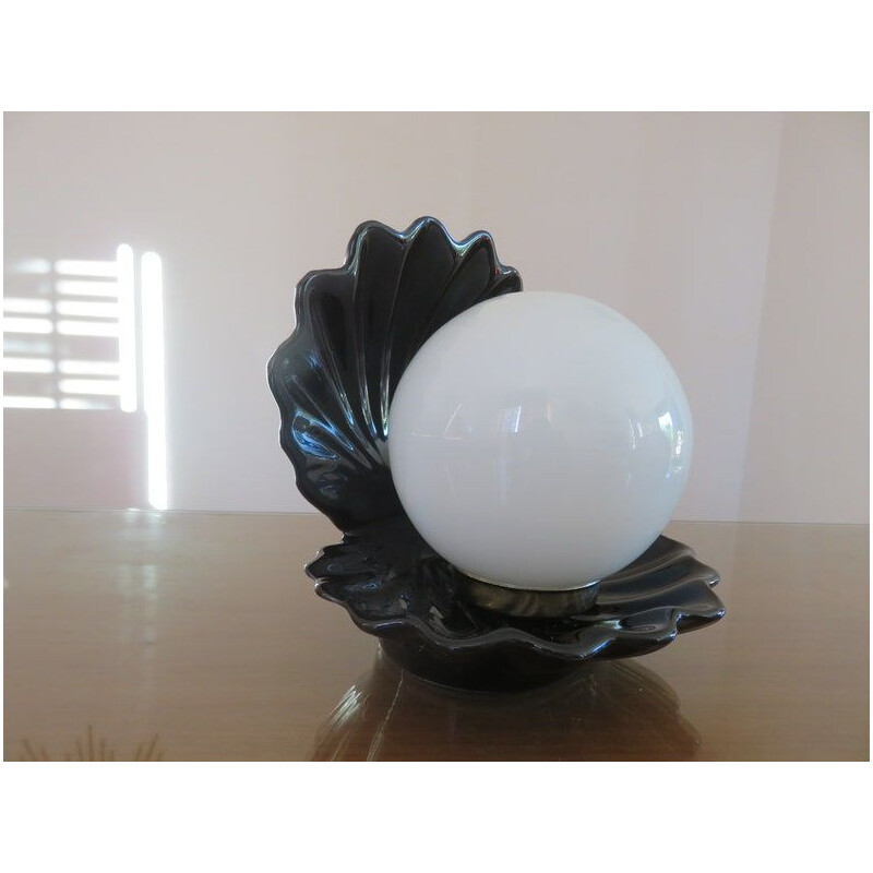 Vintage black ceramic shell lamp, 1970
