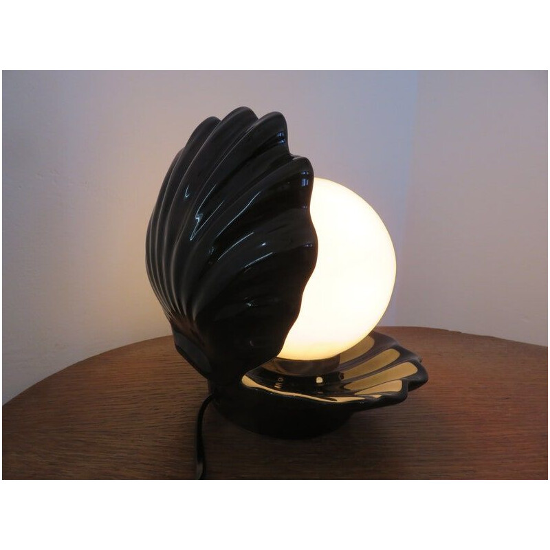 Vintage black ceramic shell lamp, 1970