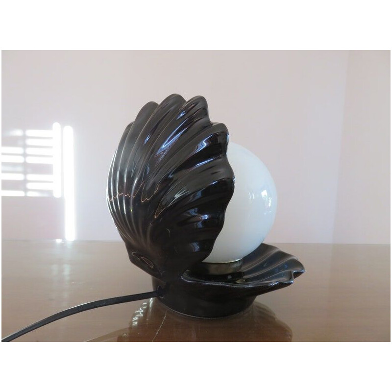 Vintage black ceramic shell lamp, 1970