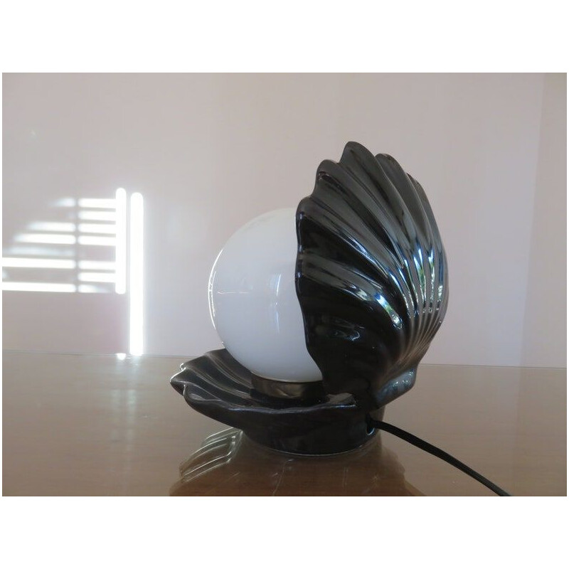 Vintage black ceramic shell lamp, 1970