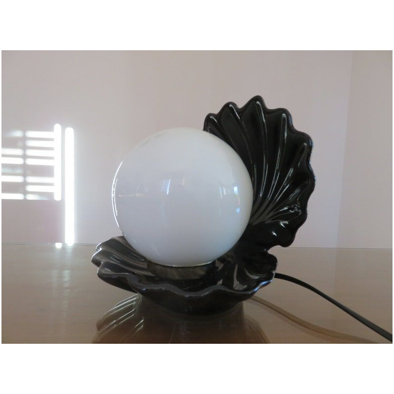 Vintage black ceramic shell lamp, 1970