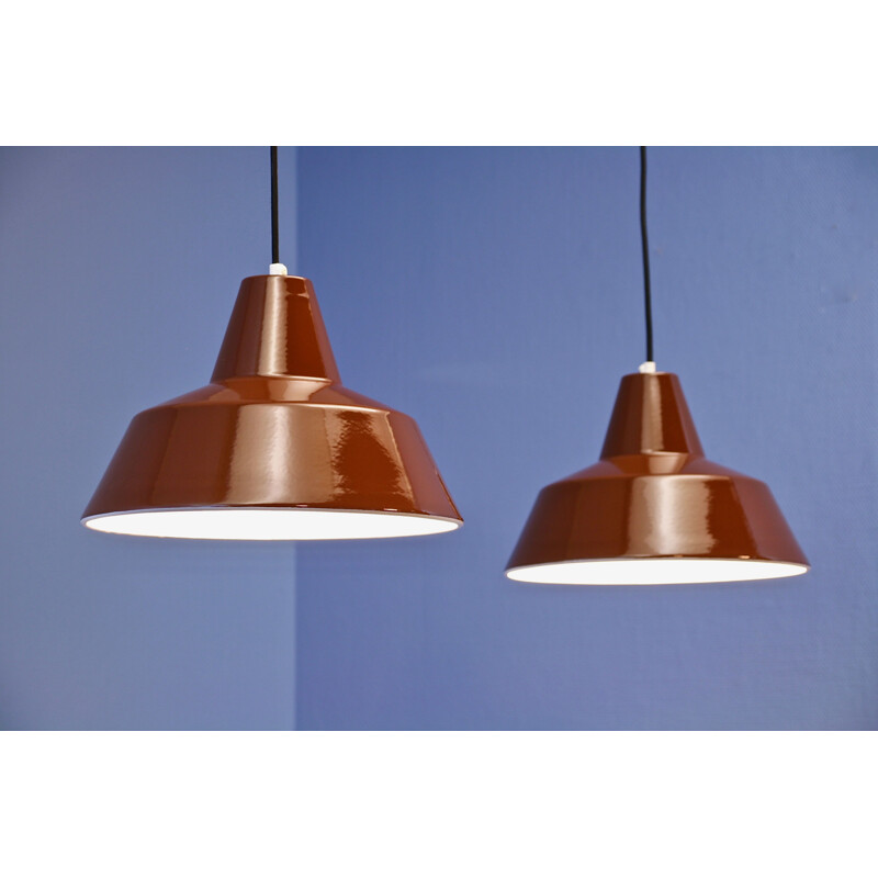 Pair of vintage Danish enamel pendant lamps in brown by Louis Poulsen, 1970s