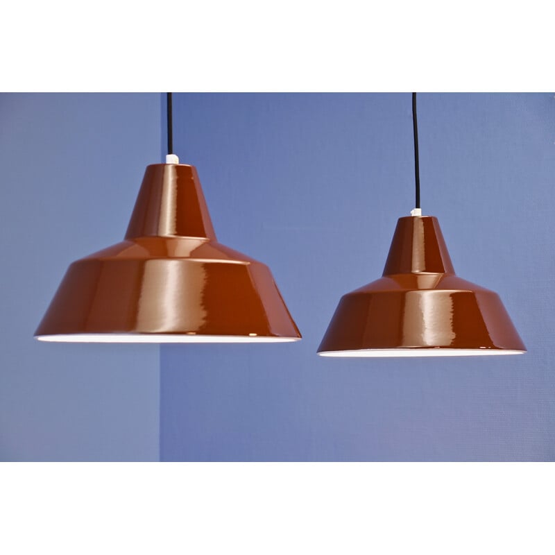 Pair of vintage Danish enamel pendant lamps in brown by Louis Poulsen, 1970s