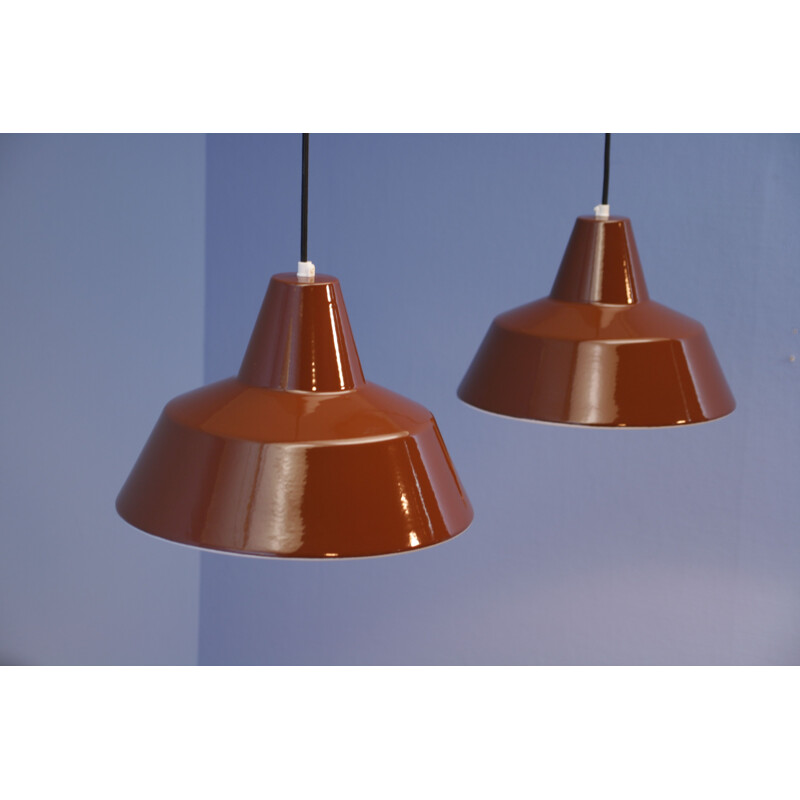 Pair of vintage Danish enamel pendant lamps in brown by Louis Poulsen, 1970s