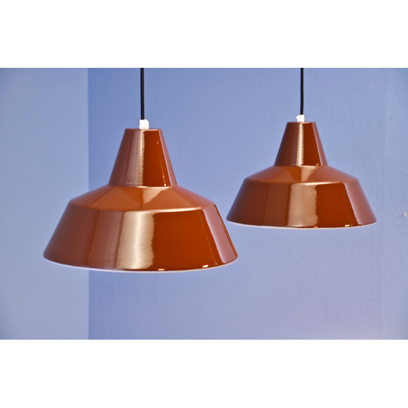 Pair of vintage Danish enamel pendant lamps in brown by Louis Poulsen, 1970s