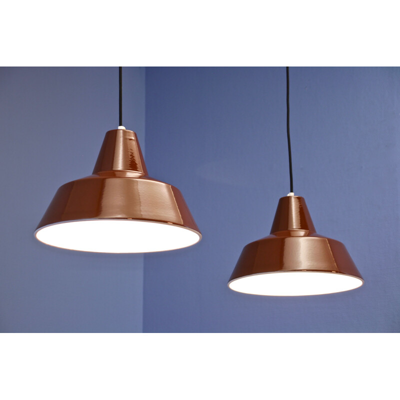 Pair of vintage Danish enamel pendant lamps in brown by Louis Poulsen, 1970s