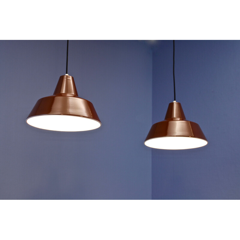 Pair of vintage Danish enamel pendant lamps in brown by Louis Poulsen, 1970s