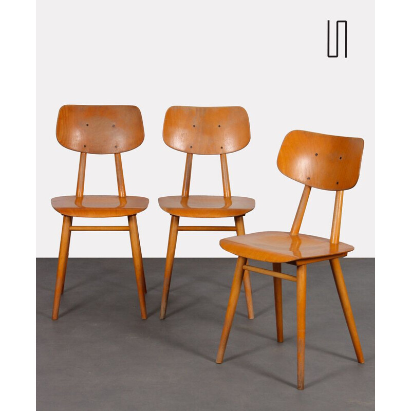 Set of 3 vintage wooden chairs by Ton, 1960