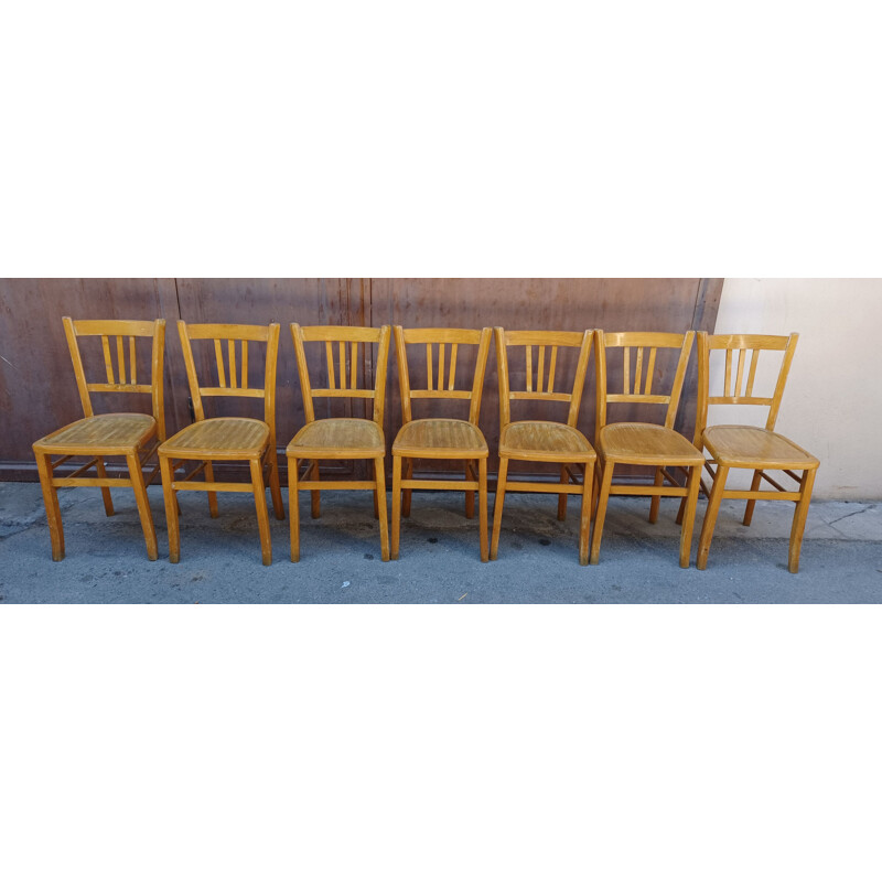 Set of 7 vintage bistro chairs in solid beechwood