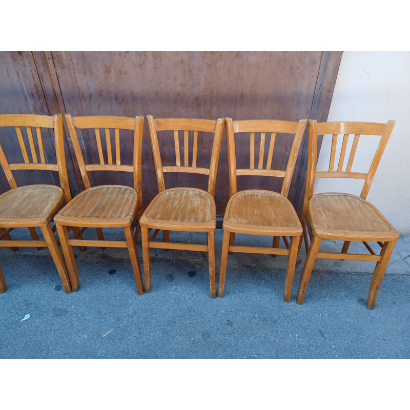 Set of 7 vintage bistro chairs in solid beechwood
