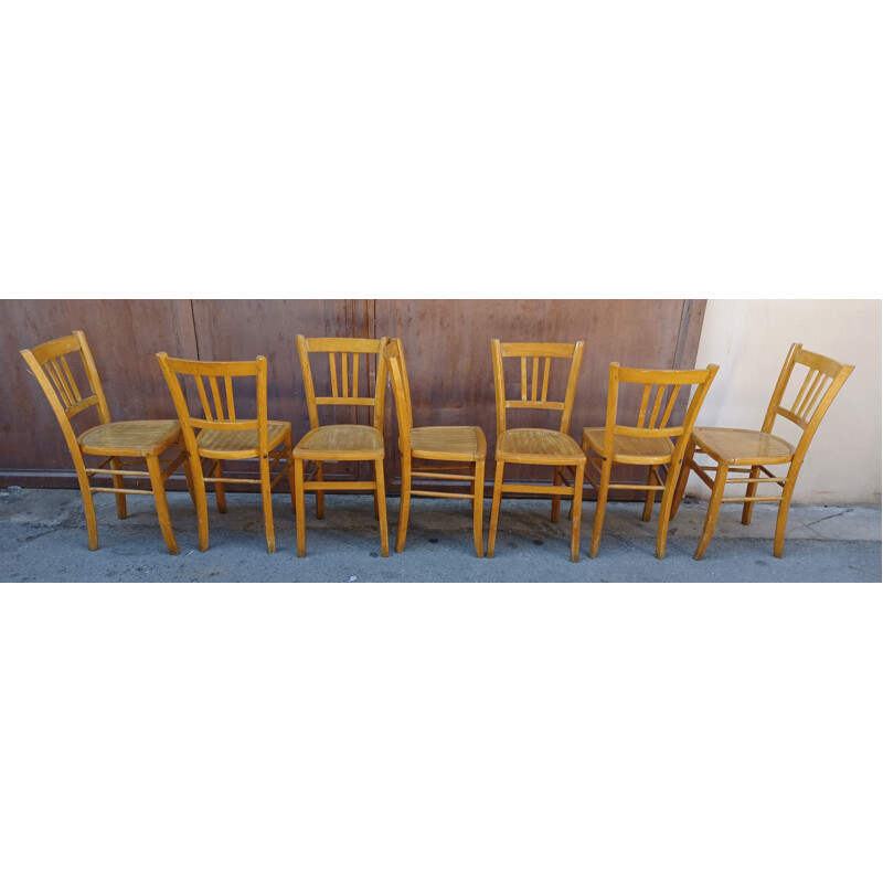 Set of 7 vintage bistro chairs in solid beechwood