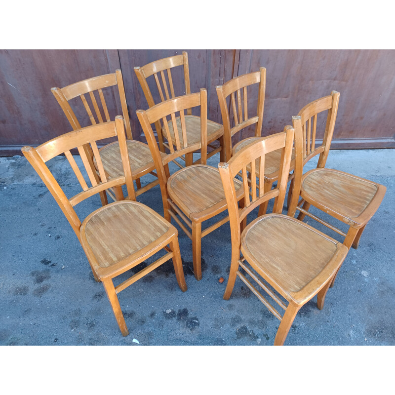 Set of 7 vintage bistro chairs in solid beechwood