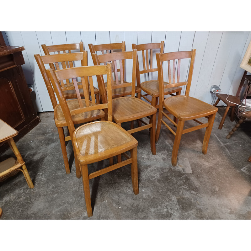 Lot de 7 chaises bistrot vintage en hêtre massif