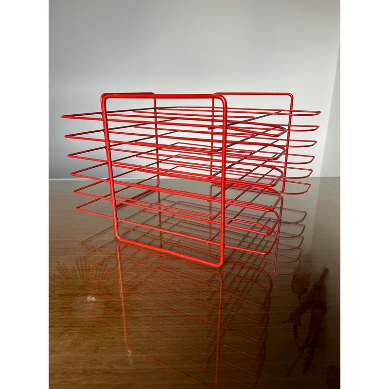 Vintage minimalist vinyl storage in red lacquered metal, 1970s