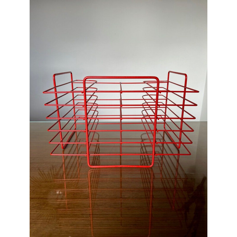 Vintage minimalist vinyl storage in red lacquered metal, 1970s