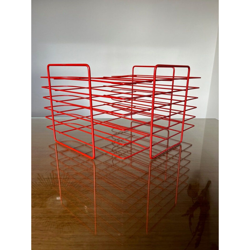 Vintage minimalist vinyl storage in red lacquered metal, 1970s