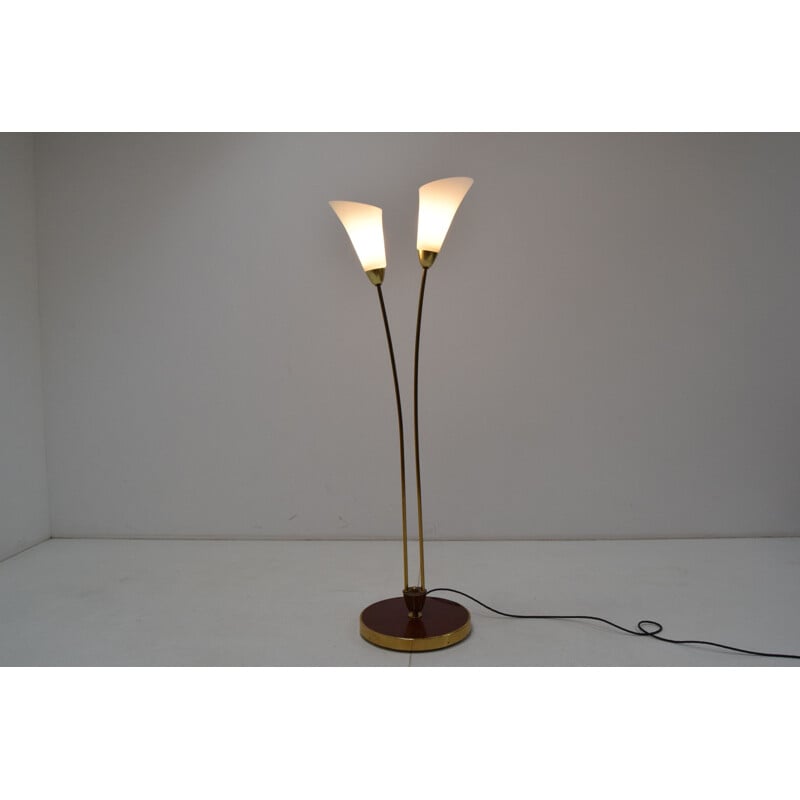 Vintage art deco brass and opal glass floor lamp, Czechoslovakia 1940