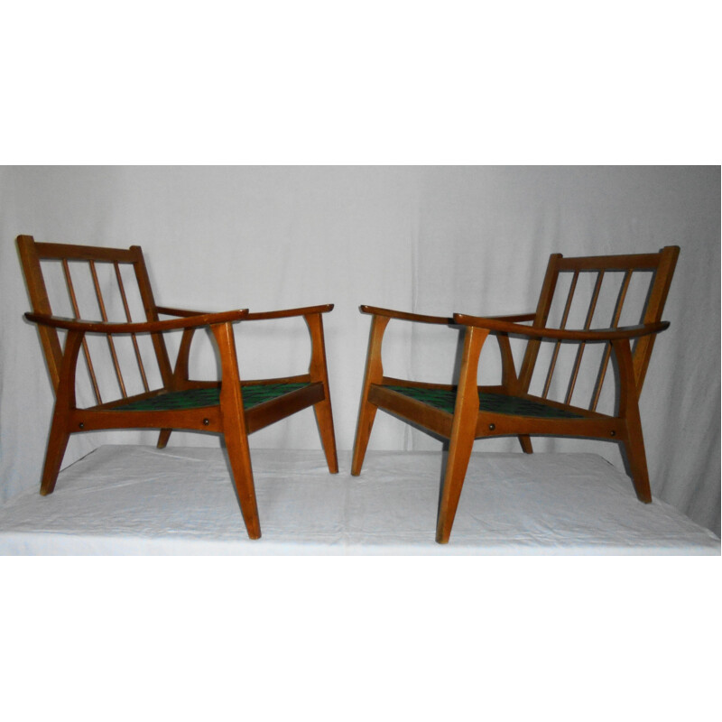 Pair of vintage Scandinavian beechwood armchairs, 1950