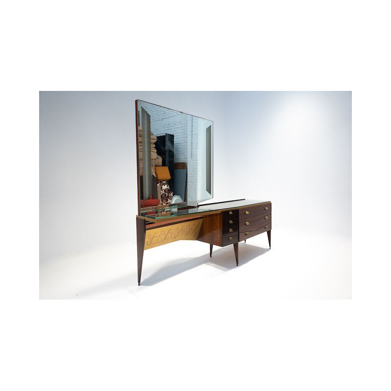 Mesa de toucador em madeira vintage com espelho de relâmpago, Itália 1960