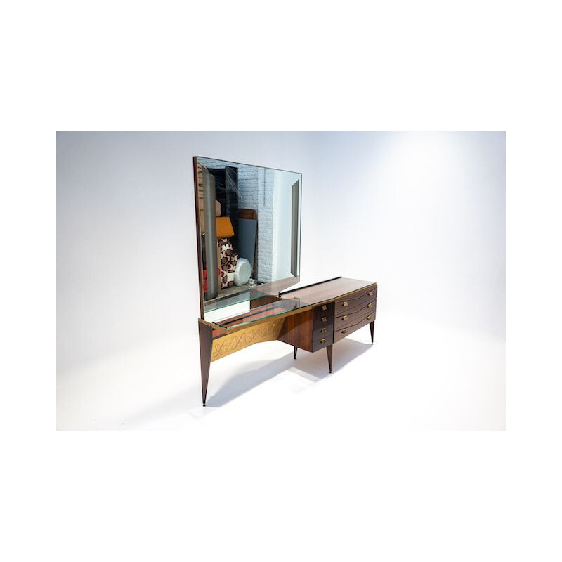 Vintage wooden dressing table with lightning mirror, Italy 1960