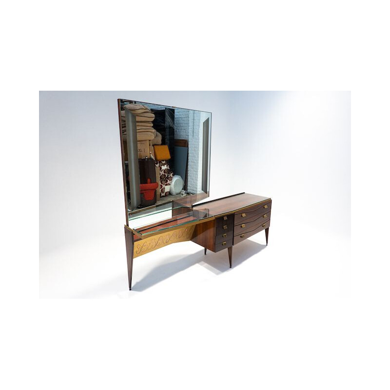 Mesa de toucador em madeira vintage com espelho de relâmpago, Itália 1960