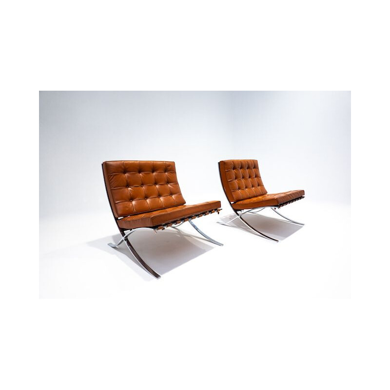 Pair of vintage cognac leather Barcelona chairs with ottoman for Knoll, 1960s