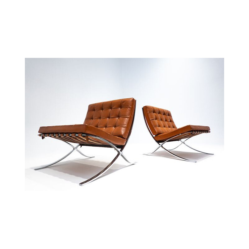 Pair of vintage cognac leather Barcelona armchairs by Mies Van Der Rohe for Knoll, 1960s