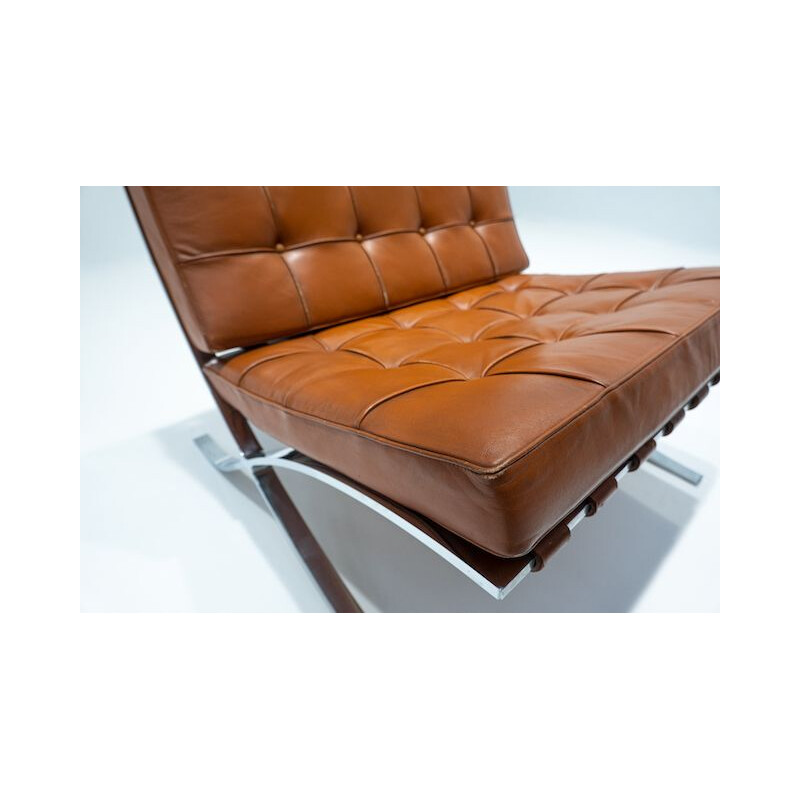 Pair of vintage cognac leather Barcelona armchairs by Mies Van Der Rohe for Knoll, 1960s