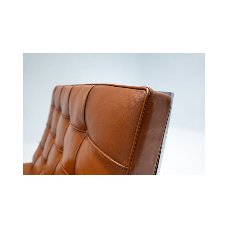 Pair of vintage cognac leather Barcelona armchairs by Mies Van Der Rohe for Knoll, 1960s