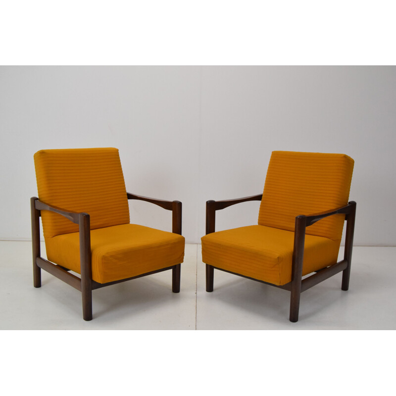 Pair of mid-century wood and fabric armchairs, Czechoslovakia 1960s