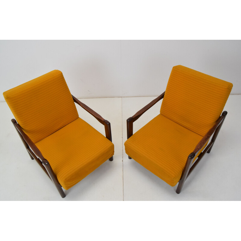 Pair of mid-century wood and fabric armchairs, Czechoslovakia 1960s