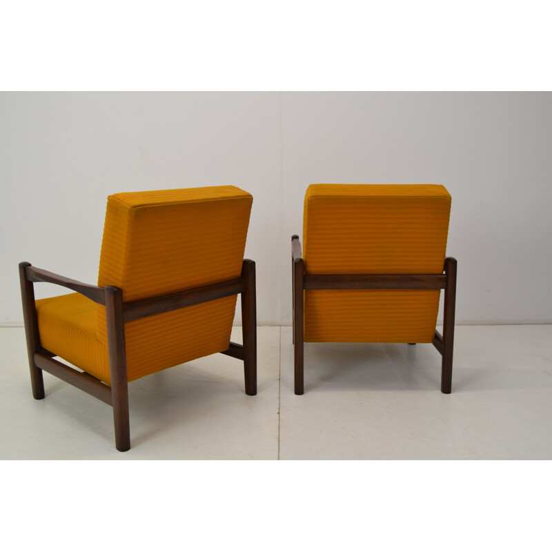 Pair of mid-century wood and fabric armchairs, Czechoslovakia 1960s