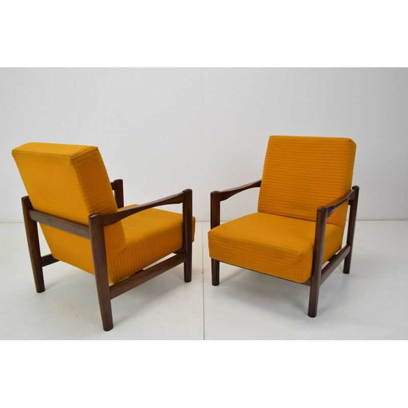 Pair of mid-century wood and fabric armchairs, Czechoslovakia 1960s