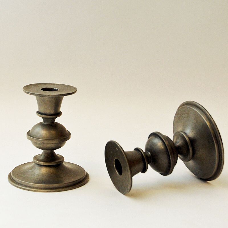 Pair of vintage pewter candle holders by Edvin Ollers for Schreuder and Olsson, Sweden 1947