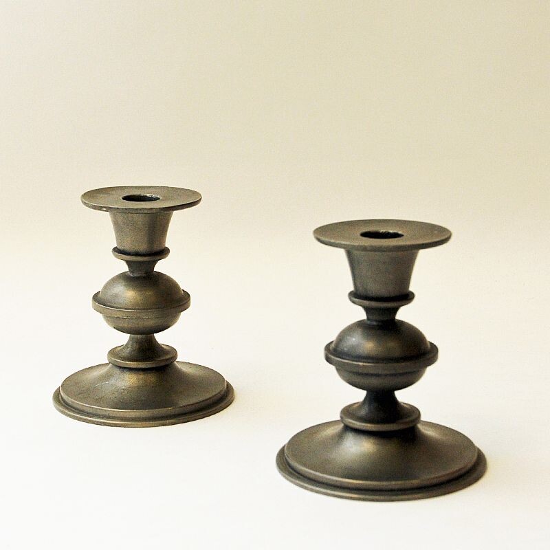 Pair of vintage pewter candle holders by Edvin Ollers for Schreuder and Olsson, Sweden 1947