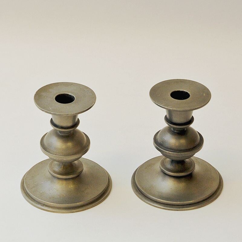 Pair of vintage pewter candle holders by Edvin Ollers for Schreuder and Olsson, Sweden 1947