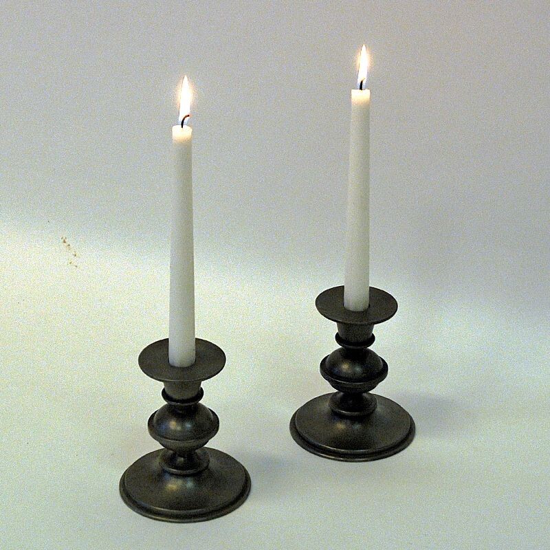 Pair of vintage pewter candle holders by Edvin Ollers for Schreuder and Olsson, Sweden 1947