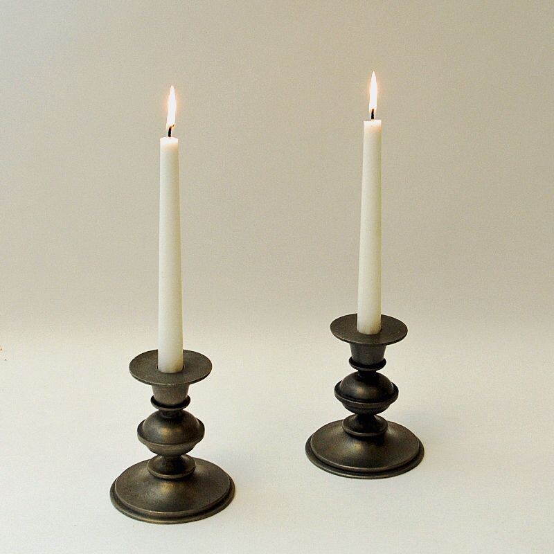 Pair of vintage pewter candle holders by Edvin Ollers for Schreuder and Olsson, Sweden 1947