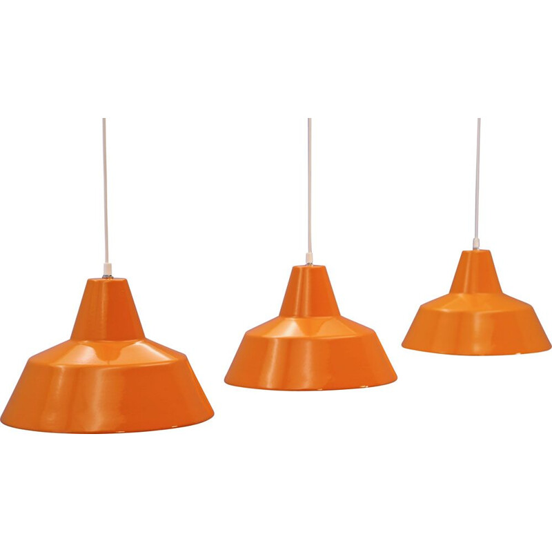 Set of 3 Danish vintage enamel lamps in orange by Louis Poulsen, 1970s