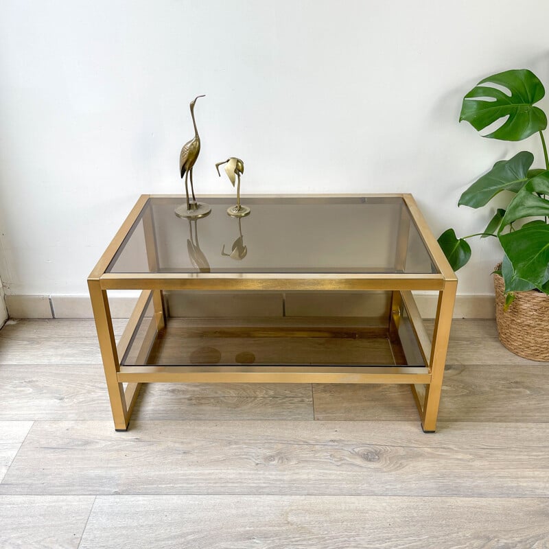 Vintage Coffee table in gilded metal and smoked glass, 1970s 
