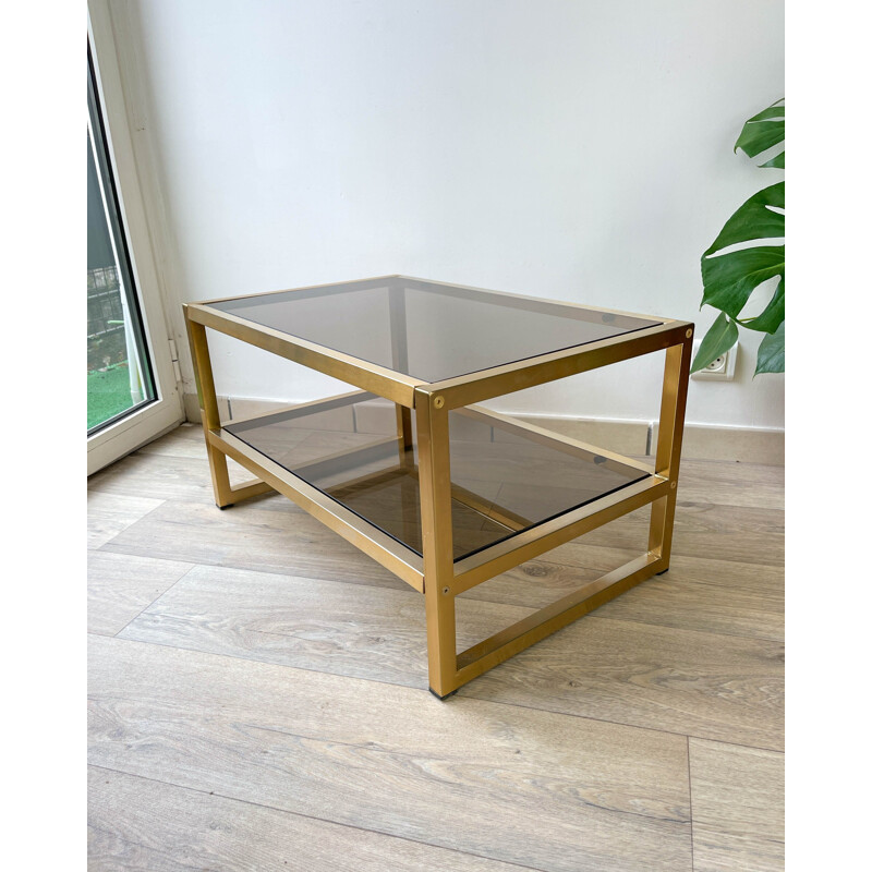 Vintage Coffee table in gilded metal and smoked glass, 1970s 